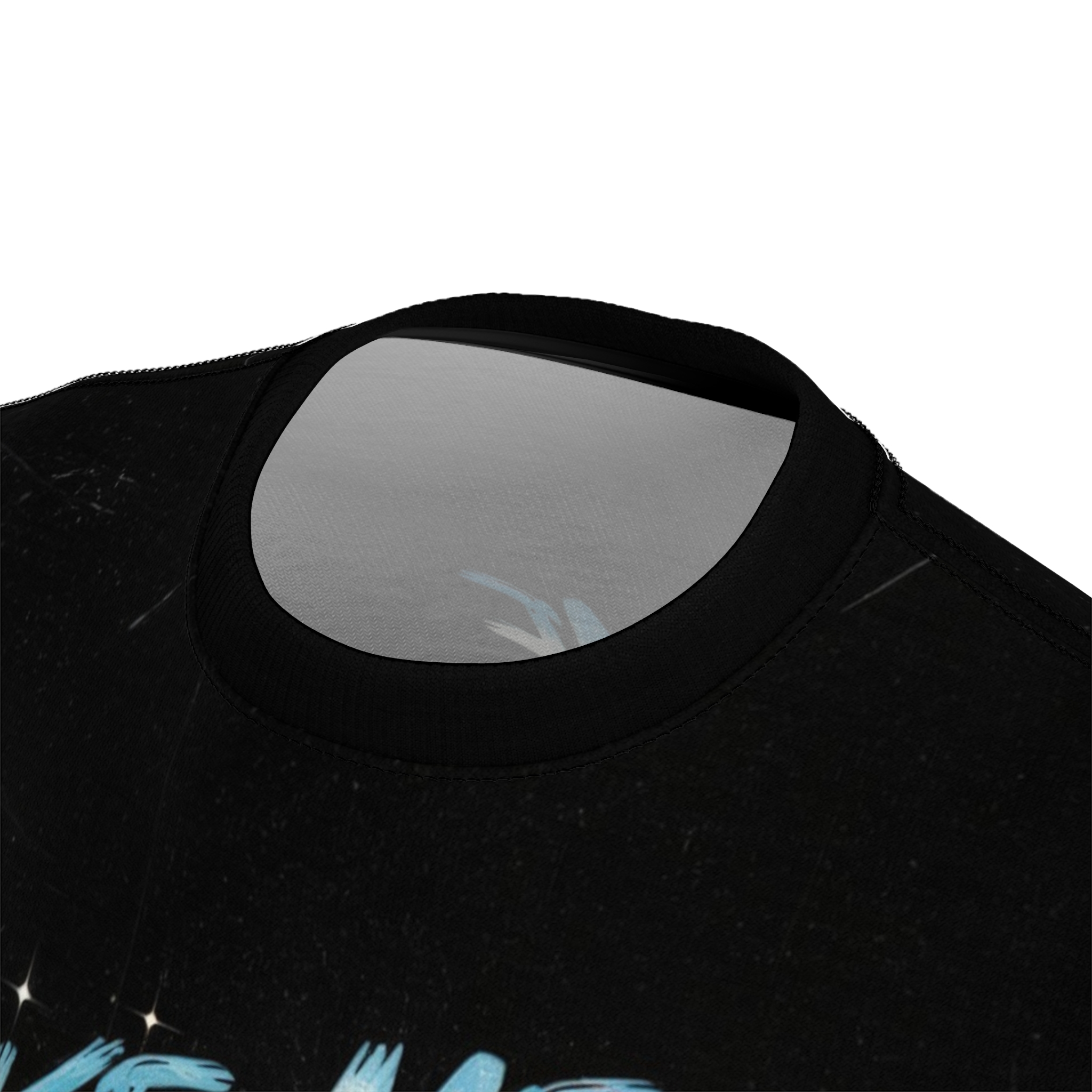 Black fabric with white speckles and light blue brush strokes depicting abstract shapes and stars, part of an all-over print.