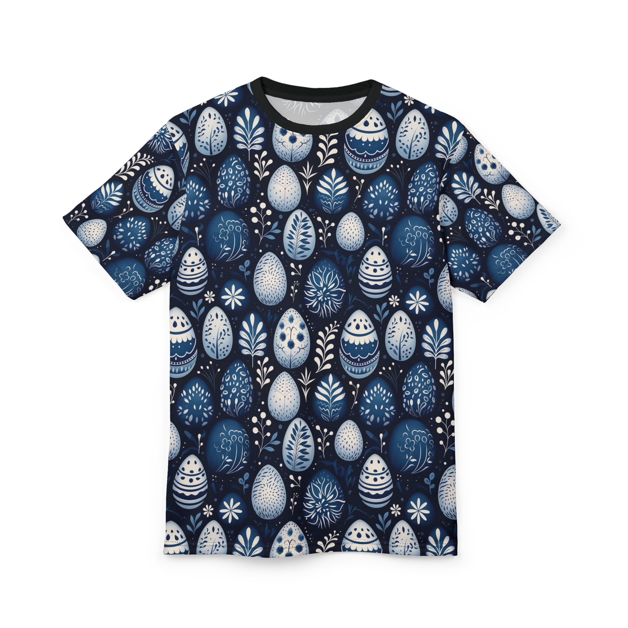 Vibrant Blue Floral Easter Egg AOP Tee, Unisex All Over Print T-Shirt, Easter T-Shirt V2 – eye-catching full print casual top