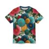 Red, teal, navy, and golden yellow flowers with green leaves cover this sublimation graphic tee, with a textured white background.