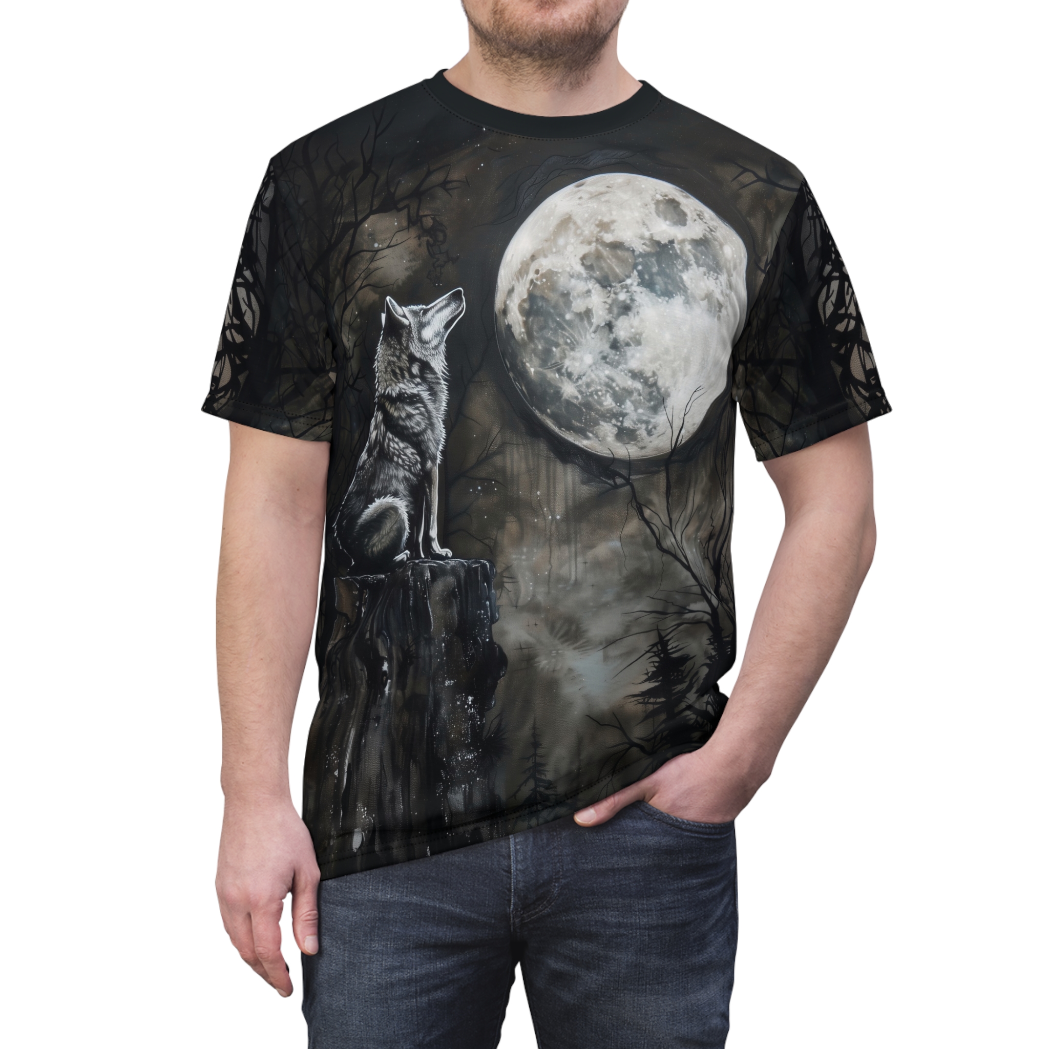 Dark, moody forest with a stark full moon and a wolf perched on a stump across this tee.