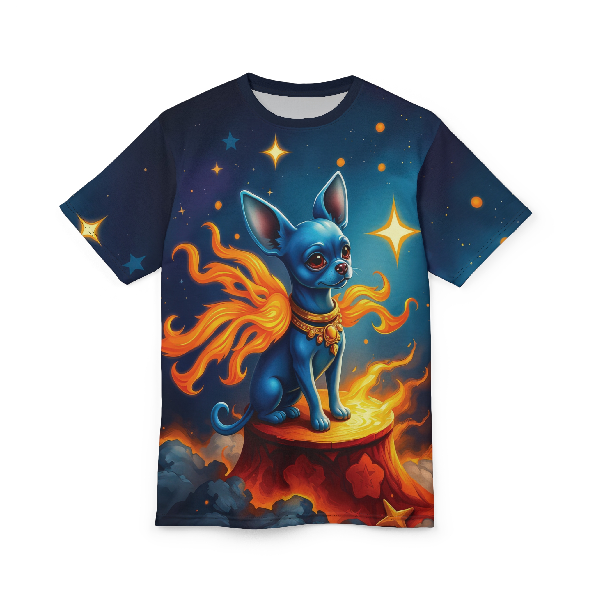 Deep blues and starry yellows cover this graphic streetwear tee, depicting a blue chihuahua with fiery wings sitting on a cosmic stump.