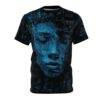 Teal and black geometric shards and digital code cover this sublimation graphic tee, depicting a fragmented face with a cyberpunk aesthetic.
