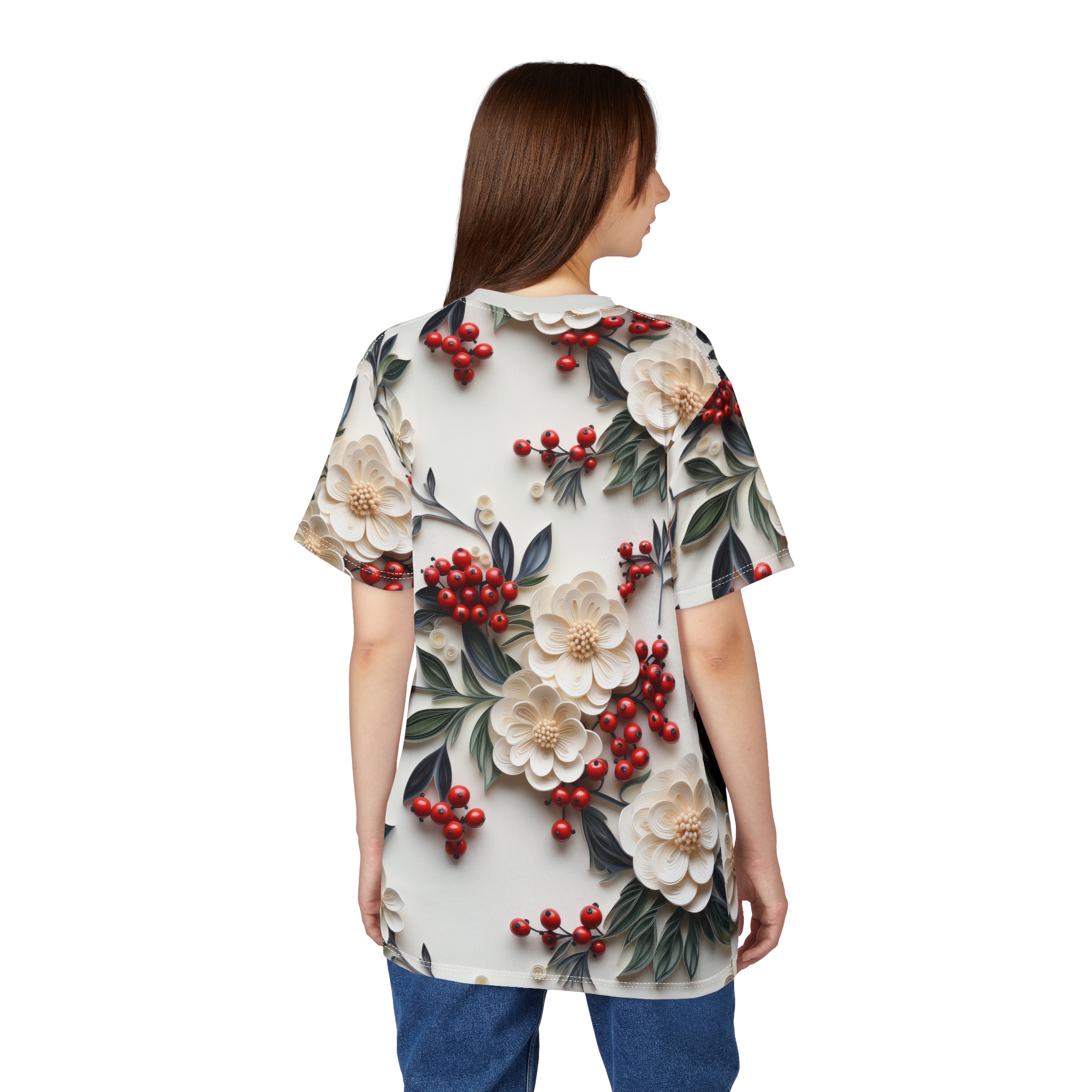 Cream-colored 3D flowers and red berries cover this seamless pattern tee, with dark green leaves and rolled paper accents.