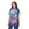 Blues, purples, and starry skies cover this sublimation graphic tee, featuring a whimsical owl on a branch with the text 