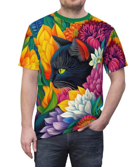 Colorful Cat Flower Tee | Unisex AOP T-Shirt, Floral Cat Shirt, Gift for Cat Lovers, Vibrant Nature Art Apparel, Cute Pet Owner Tee