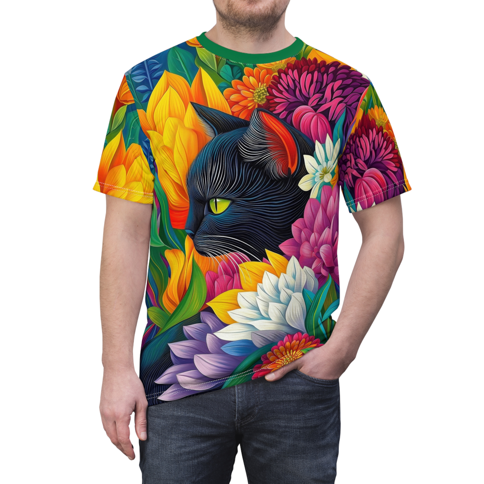 Vibrant yellows, pinks, and purples form a lush floral arrangement, framing a black cat with striking green eyes on this graphic t-shirt.
