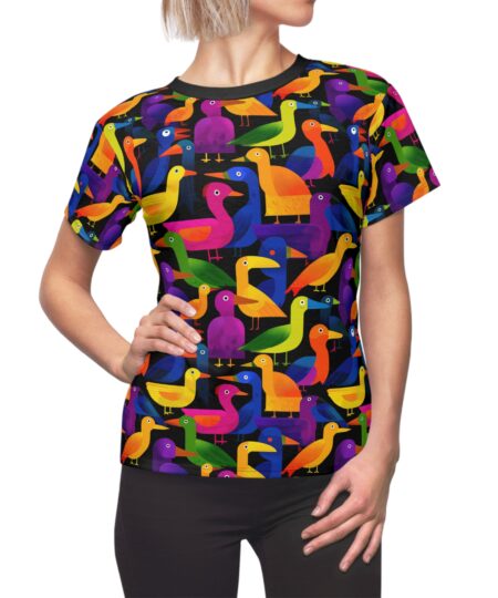Colorful Bird Print Women's Tee - Fun All Over Print T-Shirt, Casual Wear, Gift for Bird Lovers