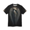 Dark grey and white tones, with gold accents, depict two angels in a tender embrace surrounded by a celestial clock face and starry sky.
