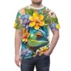 Teal and yellow flowers, lush green leaves, and a vibrant blue lizard cover this sublimation graphic tee, showcasing a detailed nature scene.