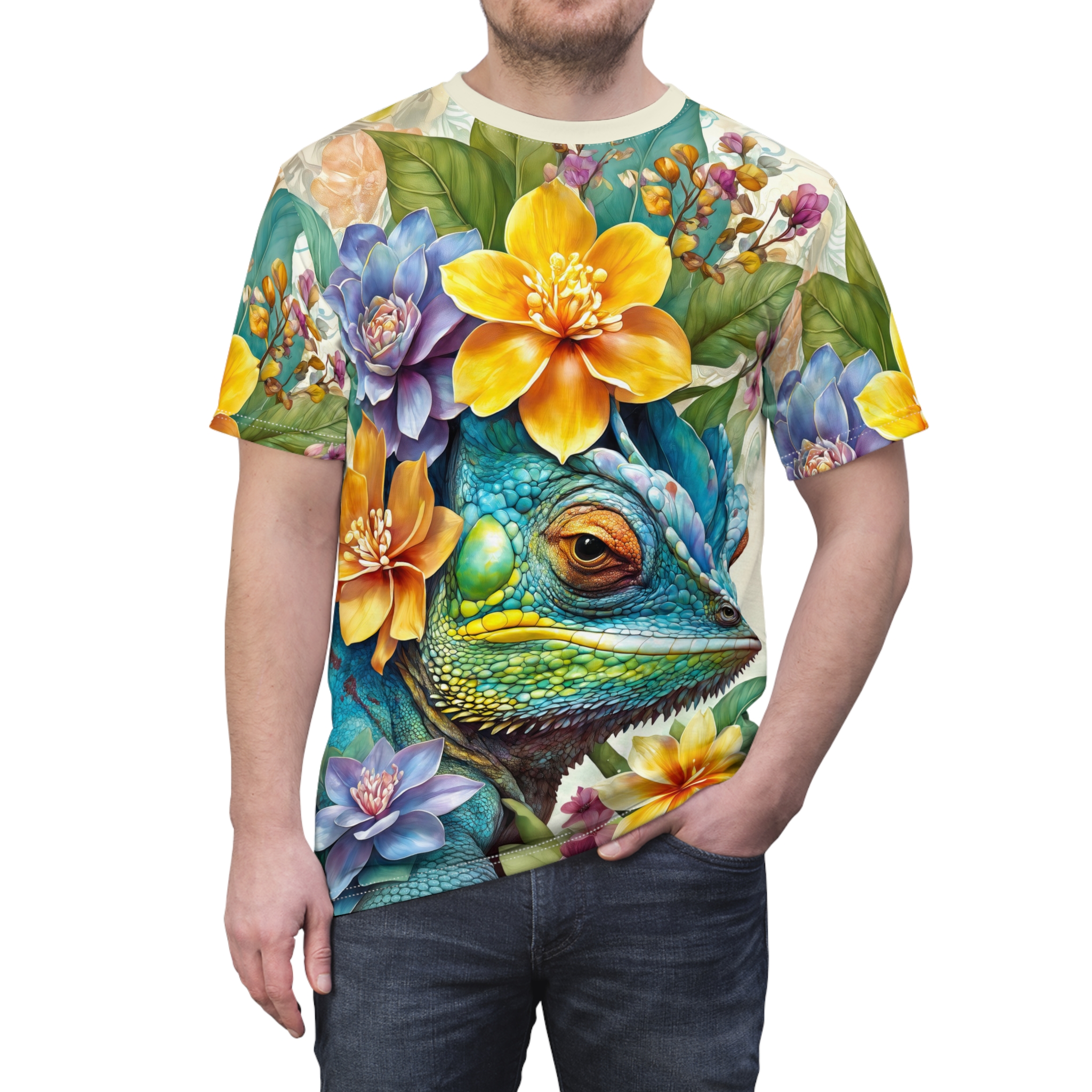 Teal and yellow flowers, lush green leaves, and a vibrant blue lizard cover this sublimation graphic tee, showcasing a detailed nature scene.