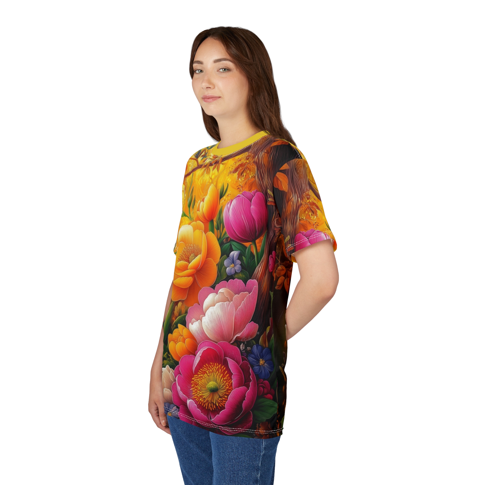 Vibrant orange, pink, and yellow blooms with dark foliage cover this graphic streetwear tee, depicting a lush garden scene.