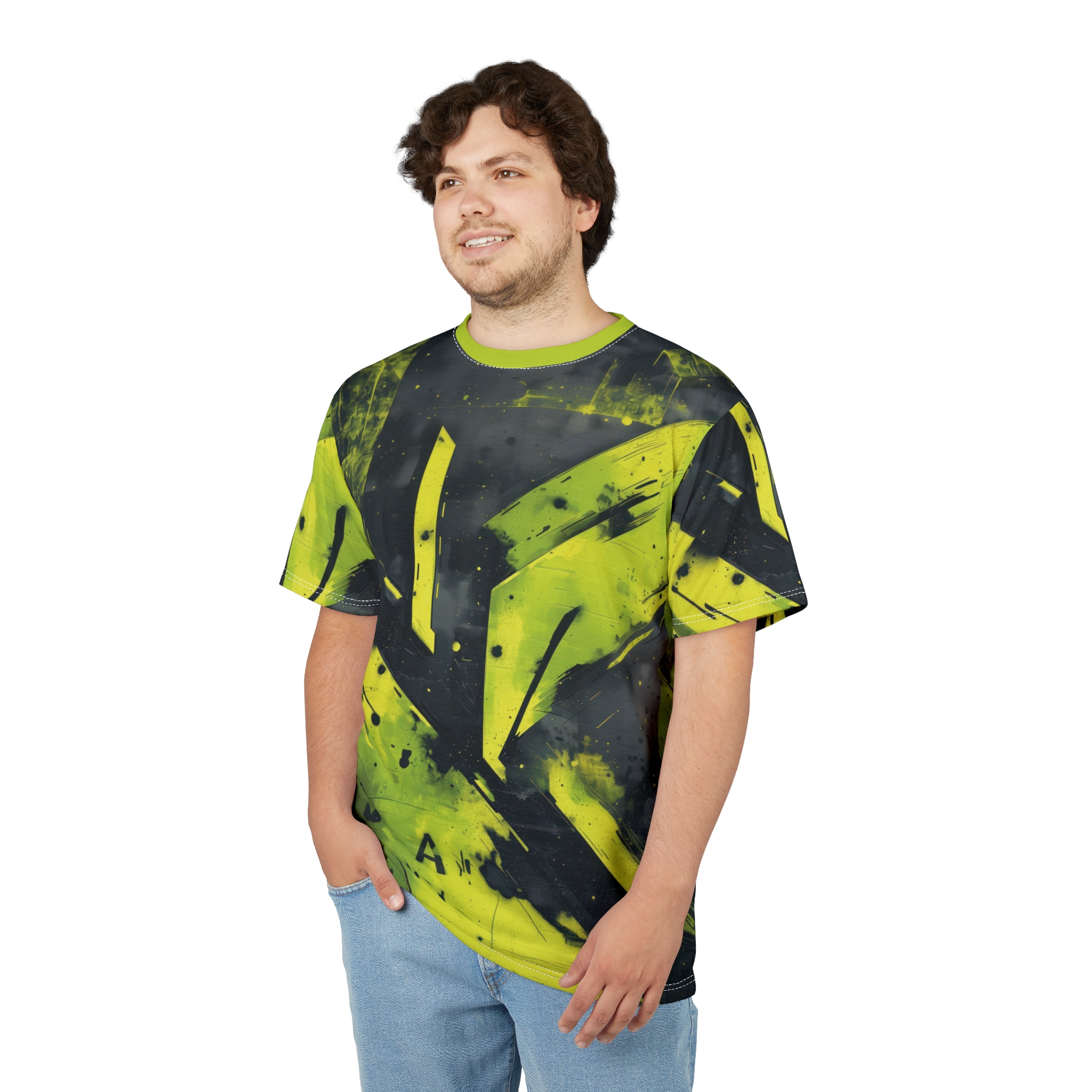 Bold Lime Green Black Unisex Graphic All Over Print T-Shirt - Image 4