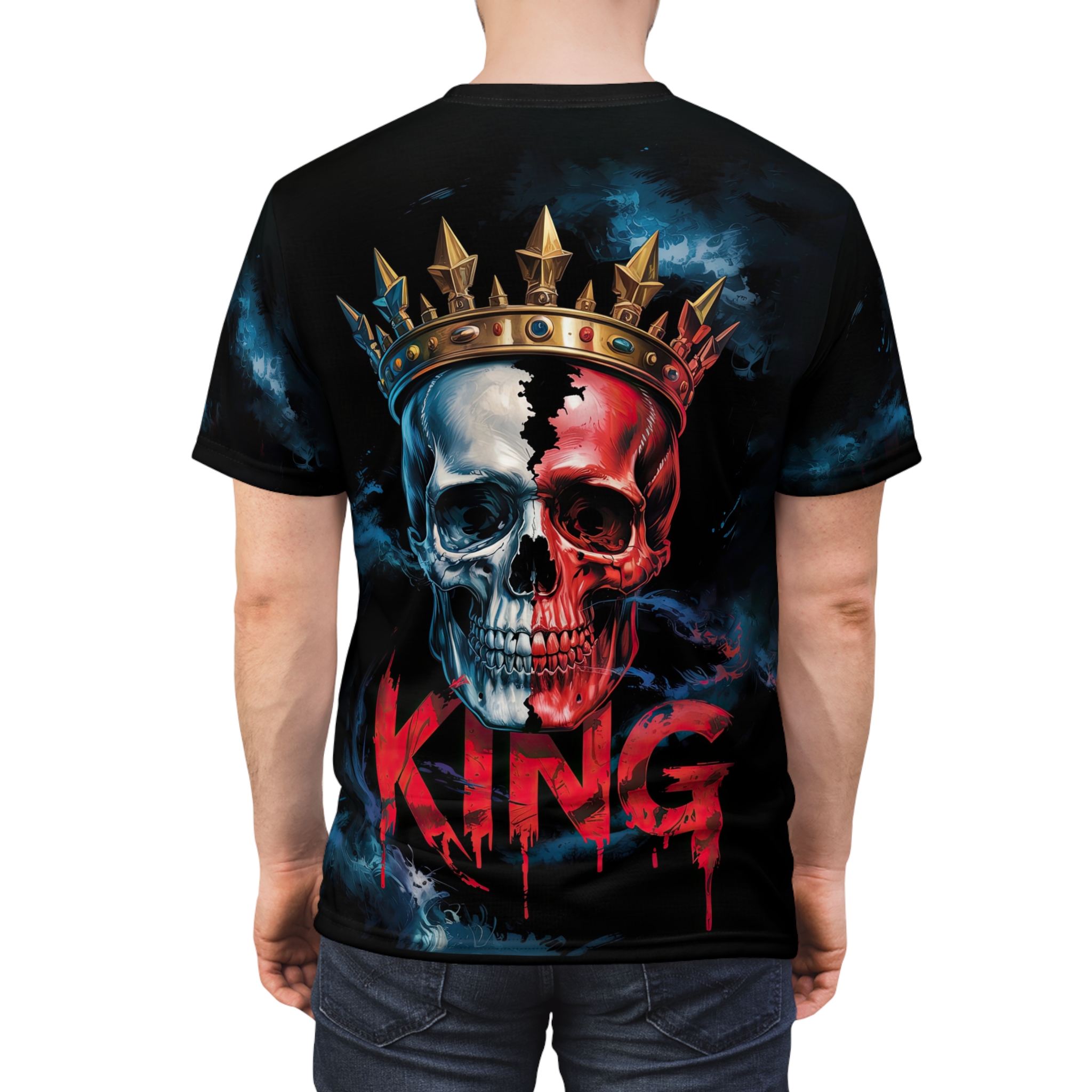 Gold crown and red & white skull with blood-red dripping letters spell out KING over a dark, smoky background.