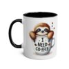 White ceramic mug with black interior and handle, featuring a watercolor sloth peeking over a mug that says 