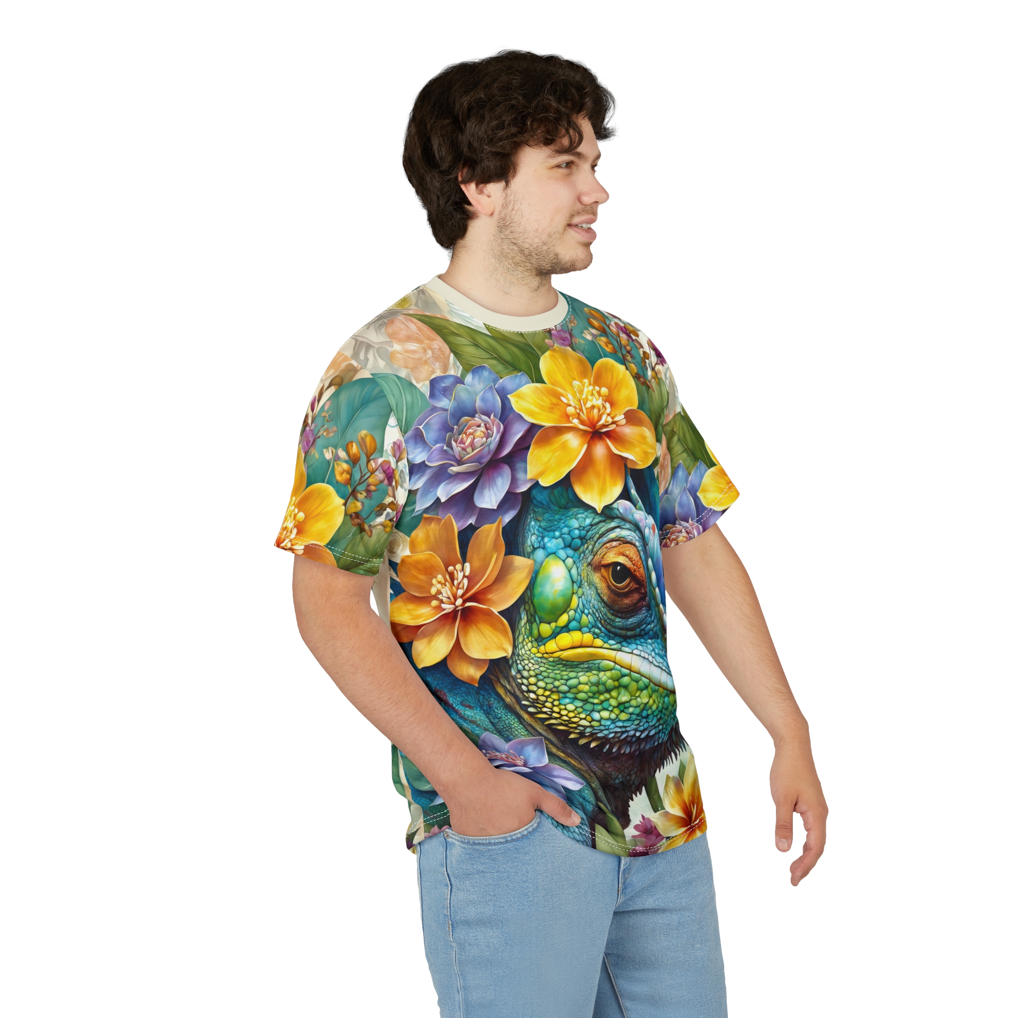 Vivid greens, blues, and yellows of a lizard surrounded by lush flowers cover this full print shirt, with textures of scales and petals.