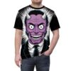 Sharp black lines and bright white rays emanate from a purple demonic face with wide eyes and a sinister grin, all over this full print tee.