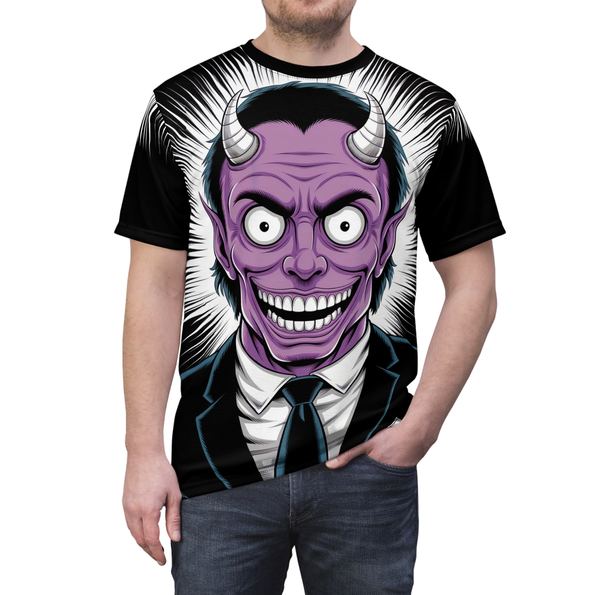 Sharp black lines and bright white rays emanate from a purple demonic face with wide eyes and a sinister grin, all over this full print tee.