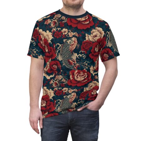 Stylish Floral Koi Unisex All Over Print Tee, Stylish Graphic T-Shirt, Casual Wear, Trendy Summer Shirt, Unique Gift Idea, Streetwear Apparel – durable everyday unisex apparel