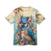 Vibrant Vibrant Bird Art Tee, Floral Blue Jay Shirt, Colorful Graphic Tee, Unisex AOP T-Shirt, Nature Lover Gift, Summer Wardrobe Essential – eye-catching full print casual top