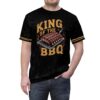 Black fabric with distressed texture and yellow striped sleeves, featuring a graphic of ribs on a grill and bold text.
