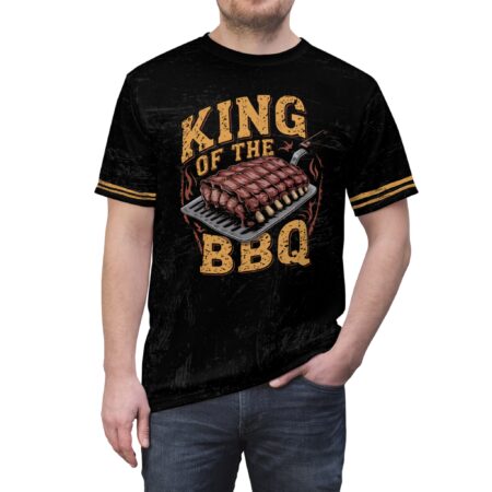 Comfortable King of the BBQ Unisex All Over Print Tee, Perfect for Grill Masters, BBQ Lovers, Summer Cookouts, Father's Day Gifts – breathable cotton all-over design