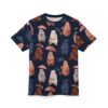 Navy blue with white, tan, brown, and blue bears holding umbrellas, with white rain streaks.
