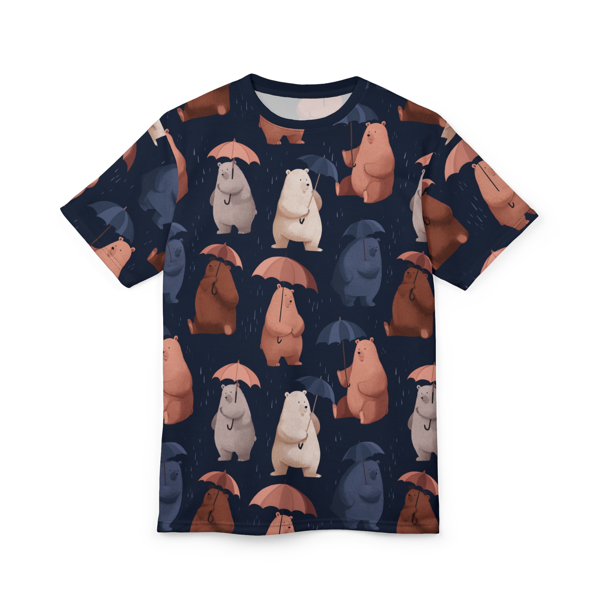 Navy blue with white, tan, brown, and blue bears holding umbrellas, with white rain streaks.