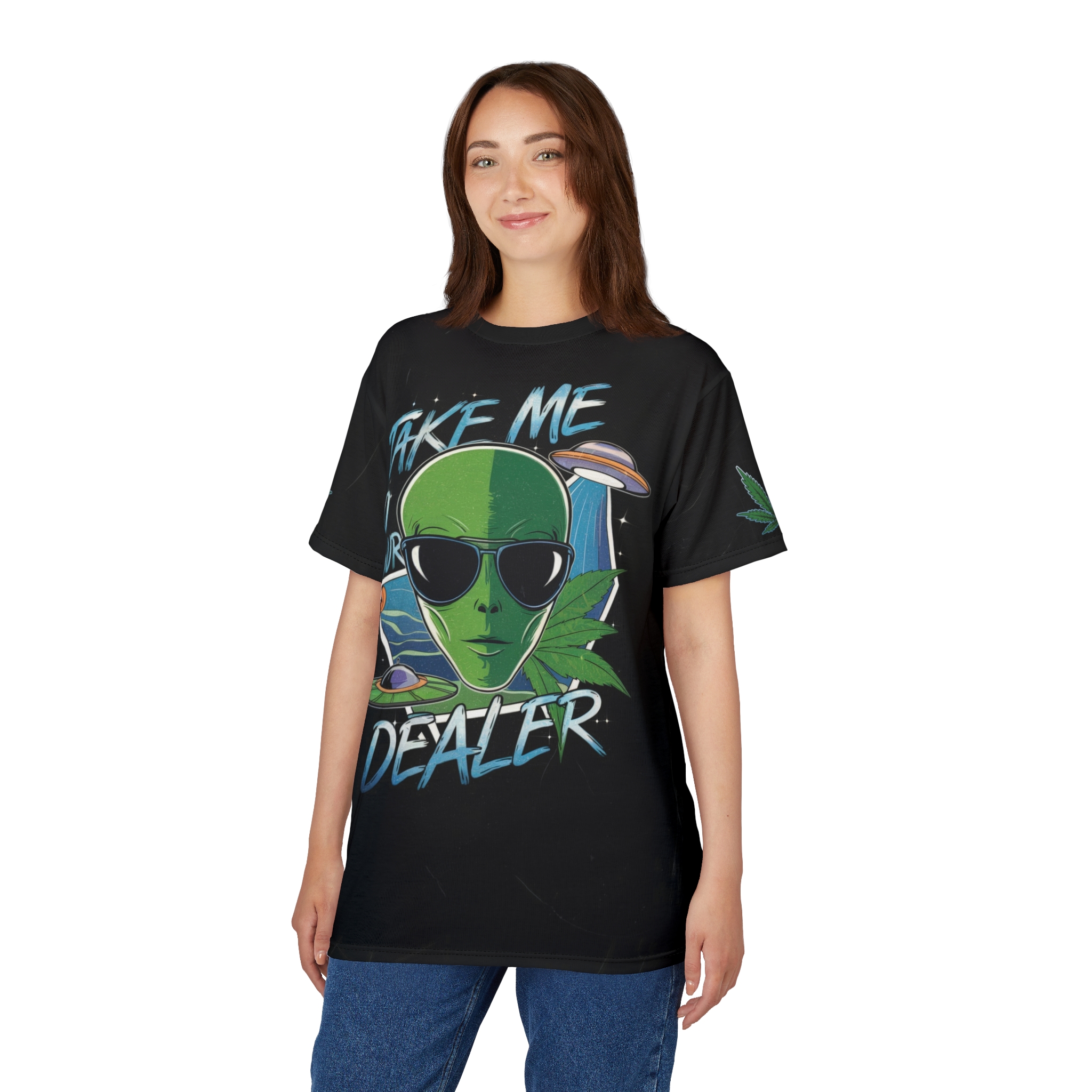 Alien Weed Dealer Unisex Tee - Retro Graphic All Over Print T-Shirt - Image 9