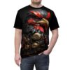 Black, red, and gold mechanical bird with gears and feathers cover this full print shirt.