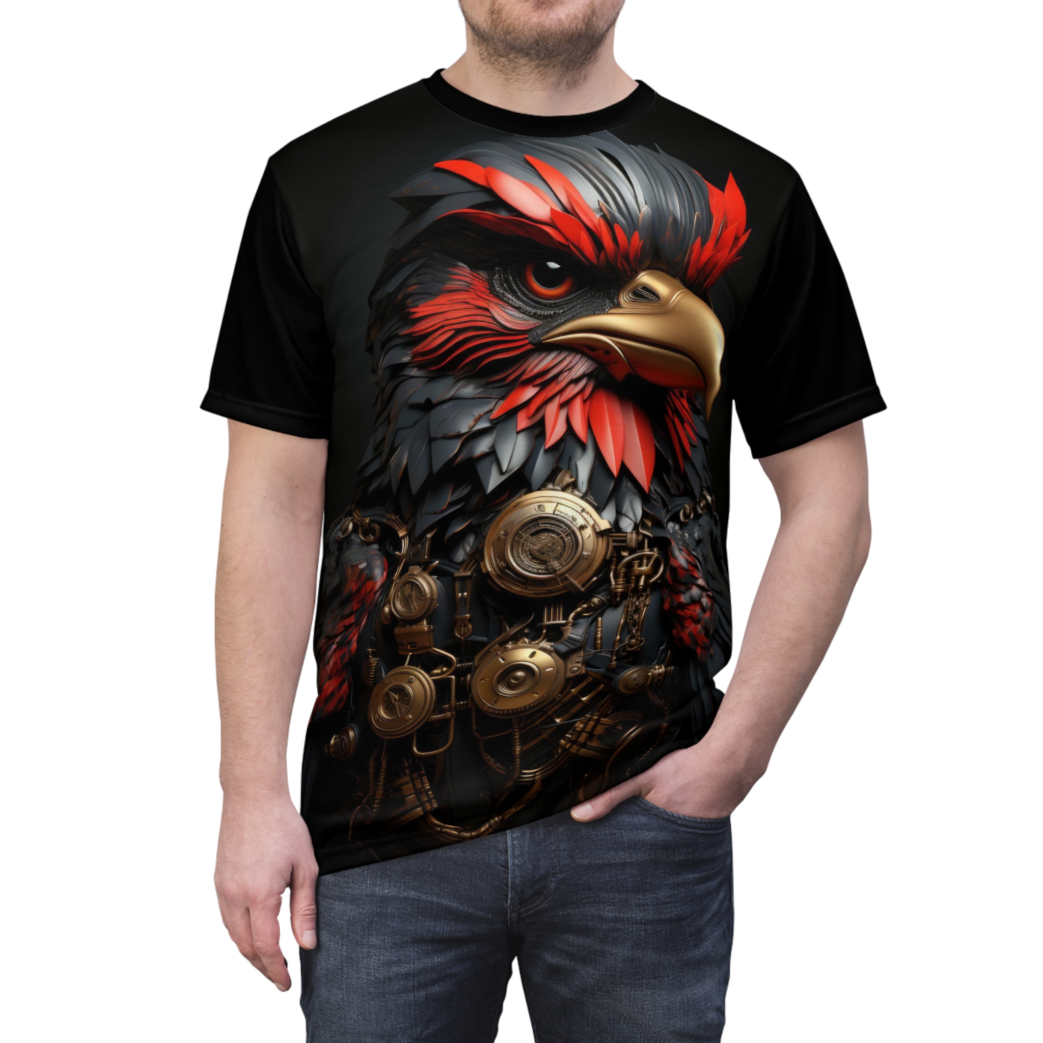 Black, red, and gold mechanical bird with gears and feathers cover this full print shirt.