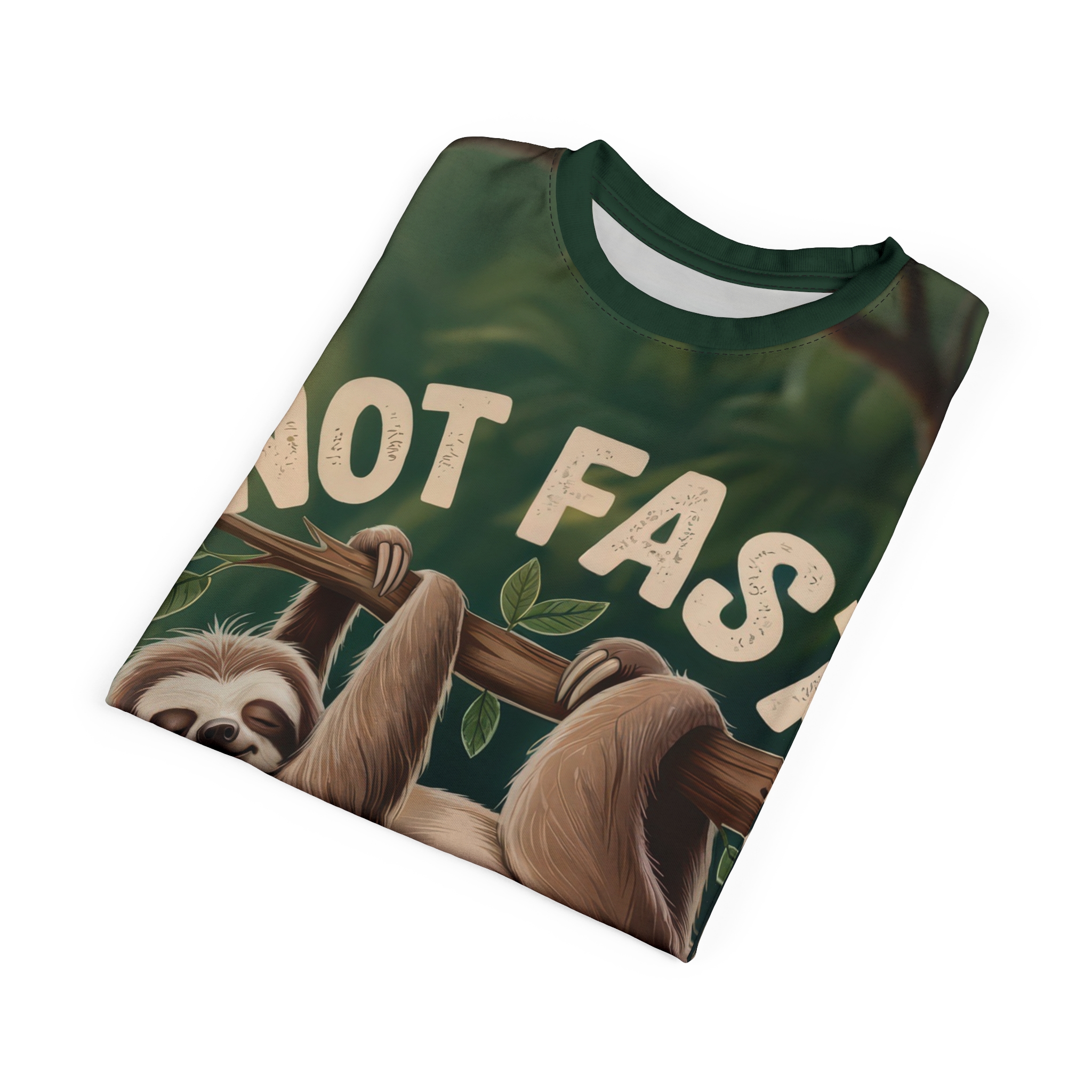 Dark green foliage and brown tree branches cover this full print shirt, featuring two sloths hanging and the text "NOT FAST - NOT FURIOUS".