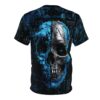 Glazed blue and metallic black textures cover this all over print apparel, a split skull design with intricate background circuitry.