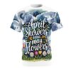 Dark blue and grey watercolor clouds with rain streaks cover this seamless pattern tee, featuring white calligraphy that reads 