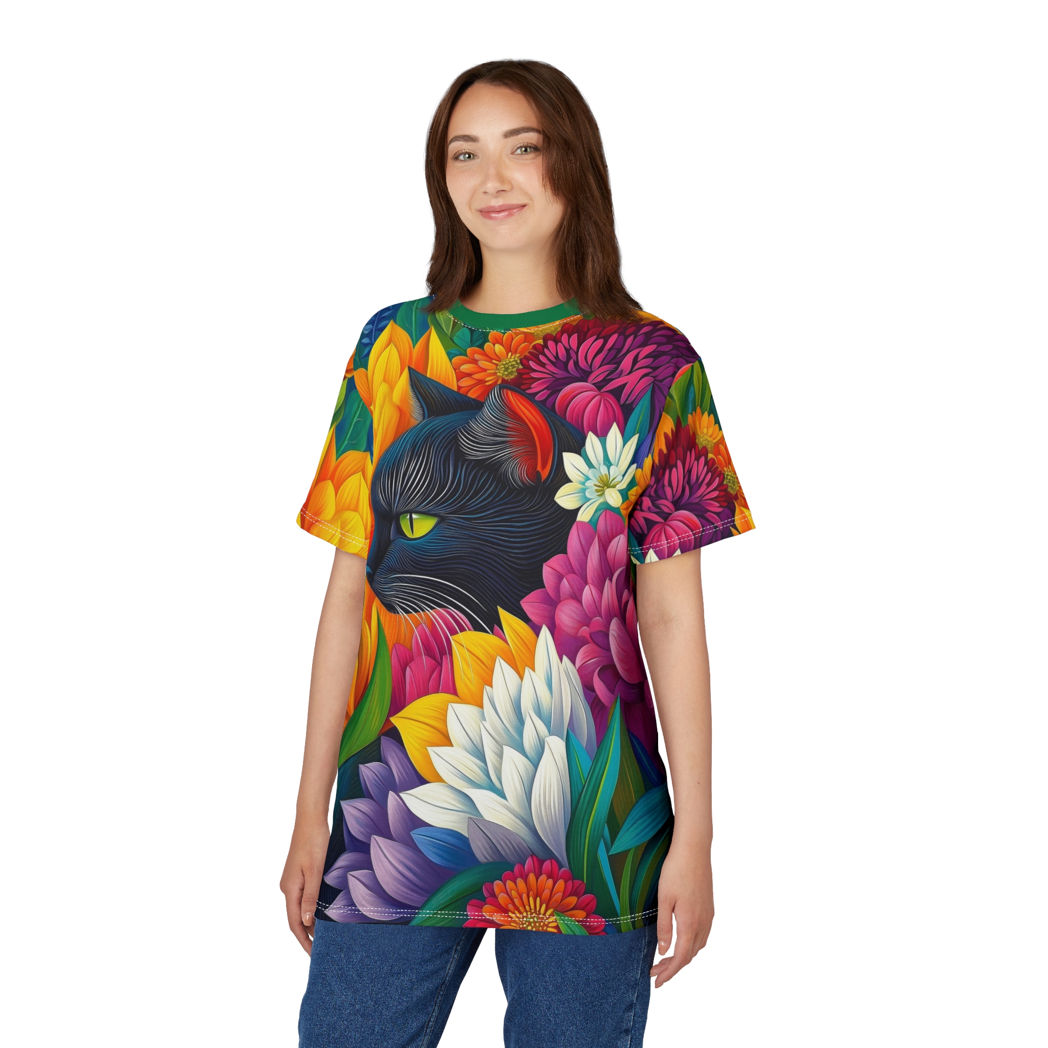Vibrant pink, yellow, purple, and white flowers surround a black cat with bright green eyes on this 3D graphic t-shirt.