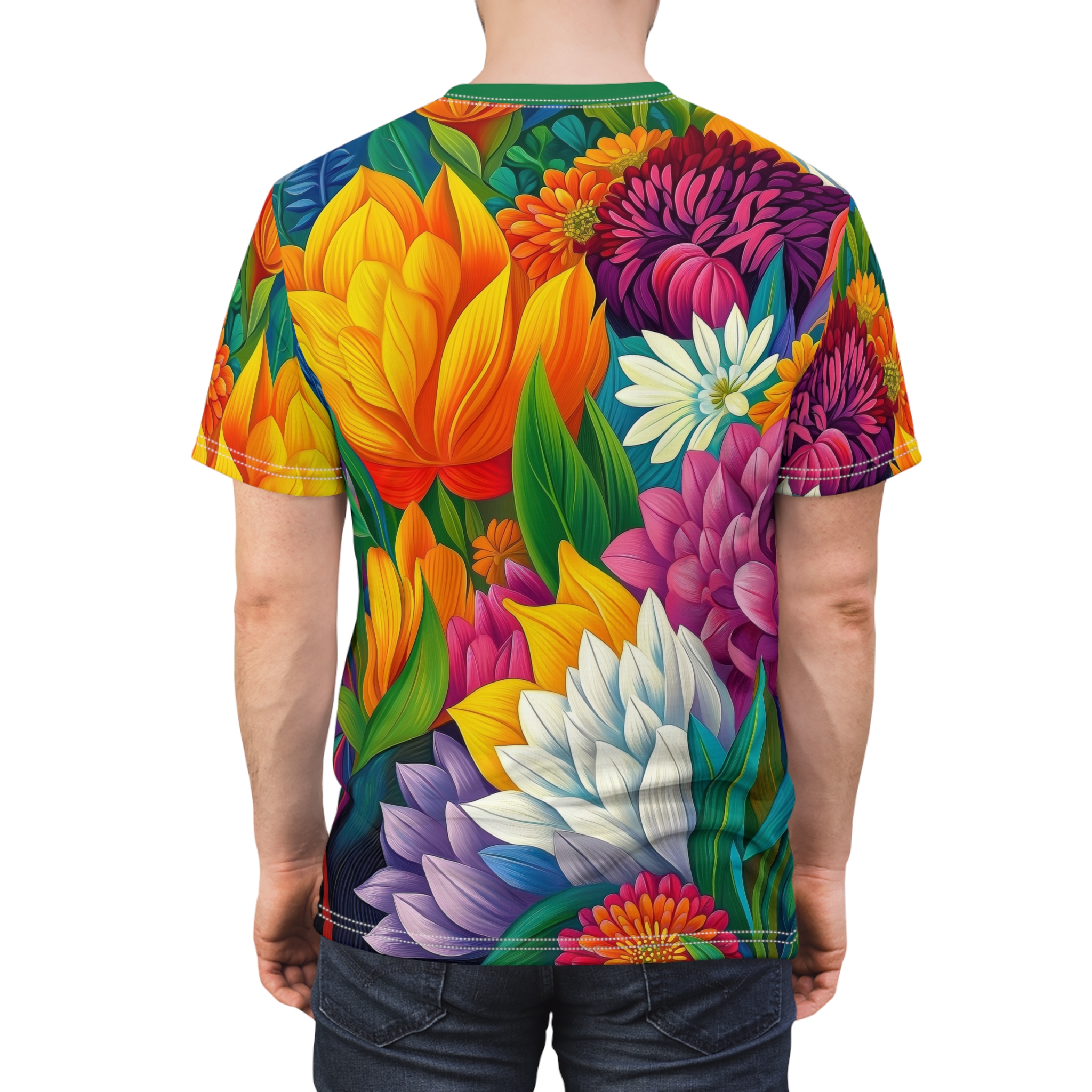Vibrant yellows, oranges, pinks, purples, and whites in lush floral patterns cover this full print shirt, depicting a dense garden of blooming flowers and green leaves.