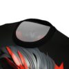 Metallic grey and vibrant red metallic feathers cover this patterned tee shirt, depicting a mechanical bird's wing.