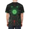 Black and green metallic circuits, glowing red and green lights, and a central green energy ring cover this patterned tee shirt.
