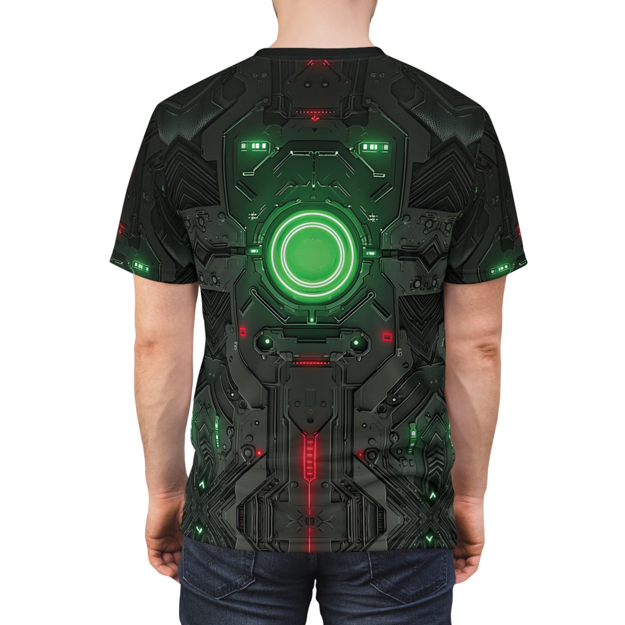Black and green metallic circuits, glowing red and green lights, and a central green energy ring cover this patterned tee shirt.