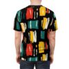 Bold red, teal, yellow, and white brush strokes on a black background cover this full print shirt, creating an abstract, energetic pattern.