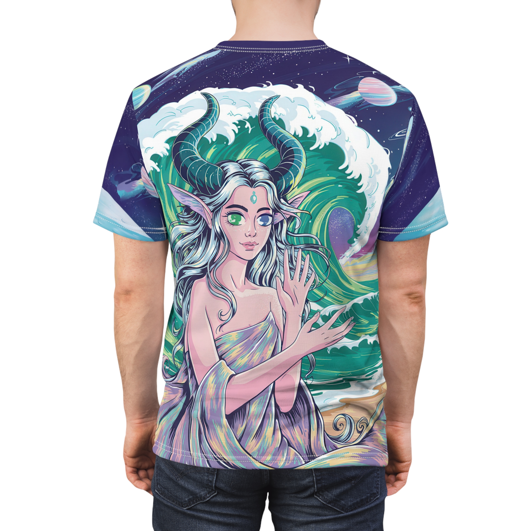 Deep blues, greens, and pastel tones cover this graphic streetwear tee, depicting a mystical creature with horns and flowing hair against a cosmic ocean wave.