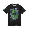 Green alien head with sunglasses, marijuana leaves, and flying saucers adorn this black all over print tee.