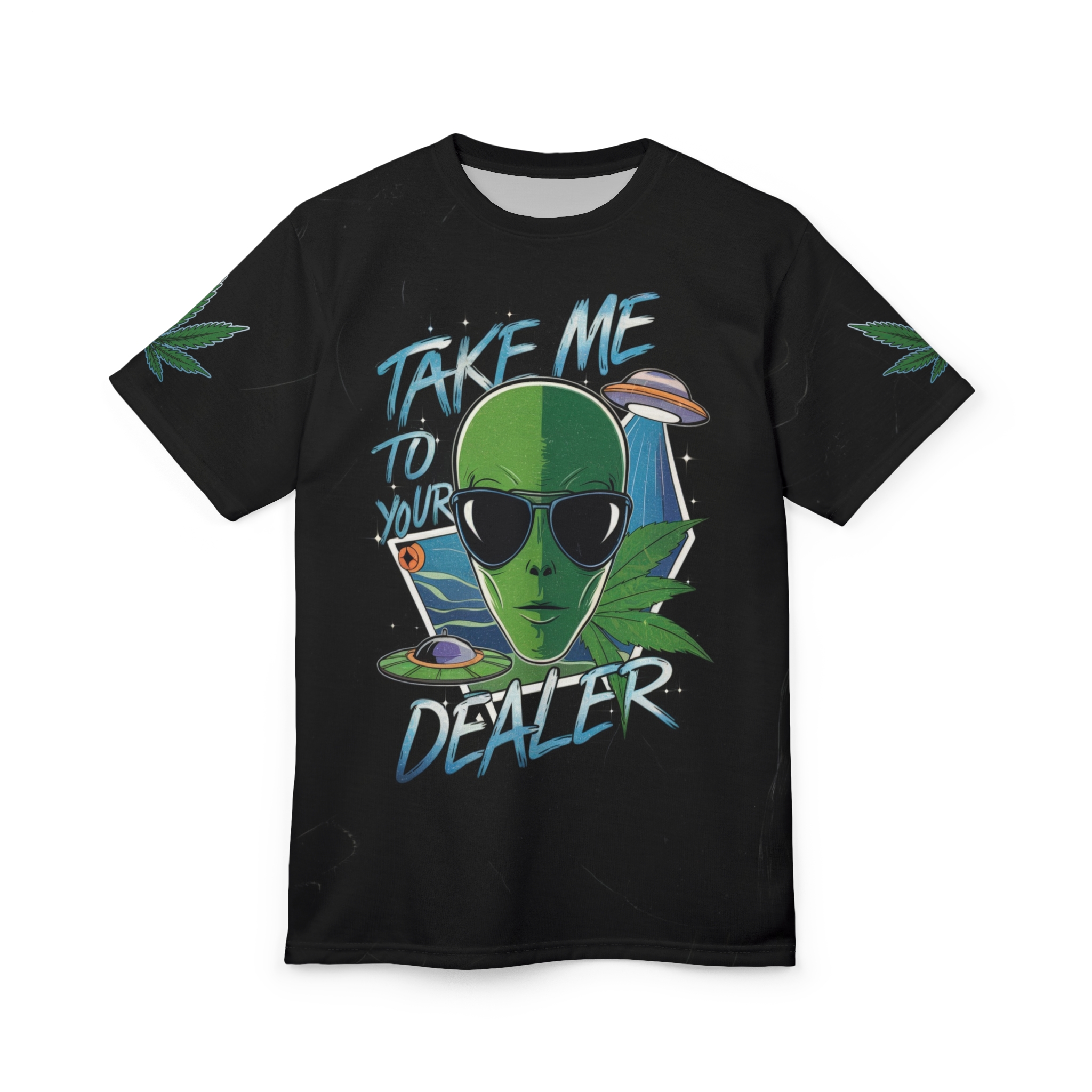 Green alien head with sunglasses, marijuana leaves, and flying saucers adorn this black all over print tee.