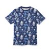 Blue and white floral patterns cover this 3D graphic t-shirt, with Easter eggs and blooming flowers.