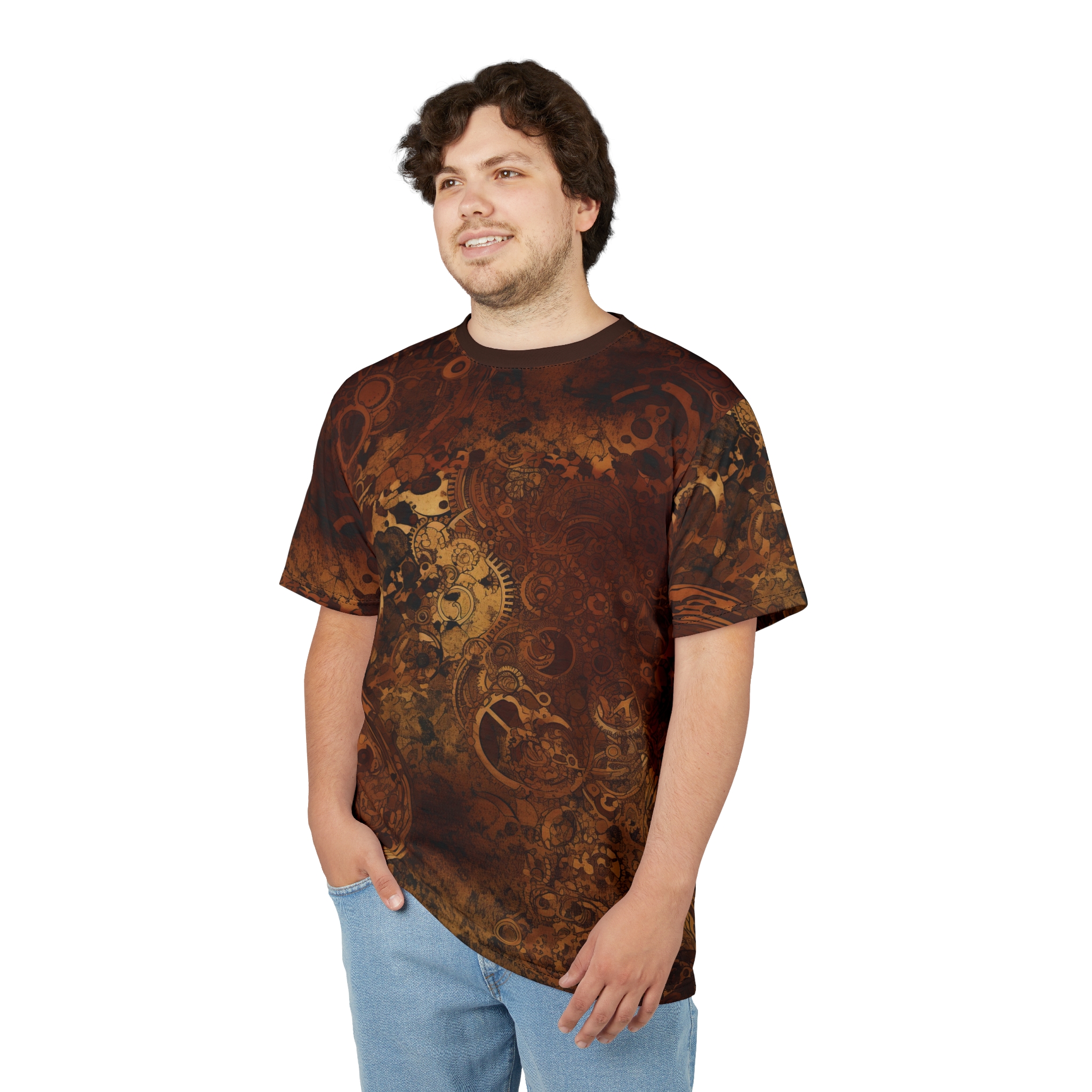 Rusty browns, golds, and blacks with intricate gear and clockwork designs cover this oversized full print tee, depicting a complex steampunk aesthetic with distressed textures.