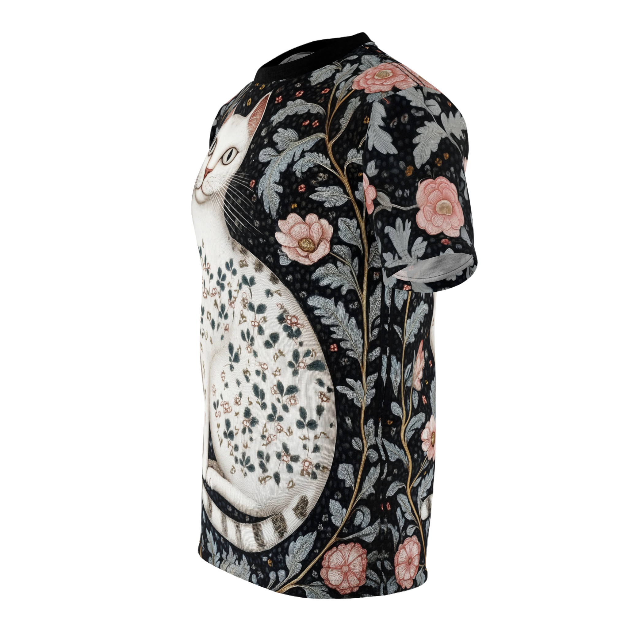 Floral Cat Unisex All Over Print T-Shirt - Elegant Cat Art Top for Animal Lovers - Image 7