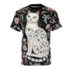 Dark floral patterns with pink flowers and sage leaves cover this oversized full print tee, featuring a white cat with floral markings.