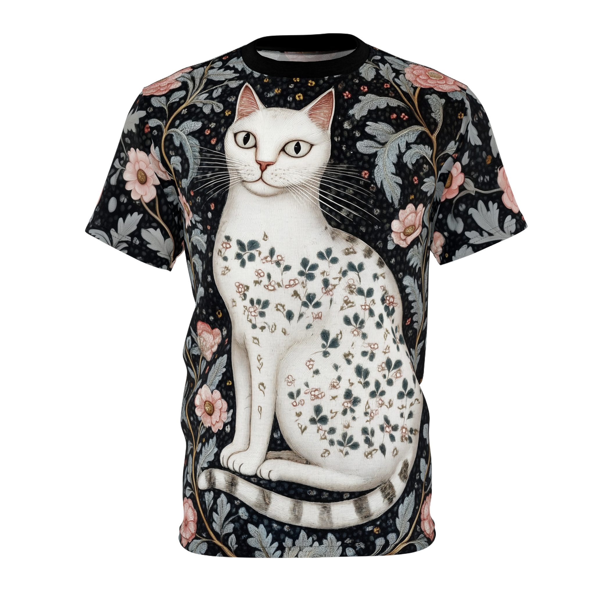 Dark floral patterns with pink flowers and sage leaves cover this oversized full print tee, featuring a white cat with floral markings.