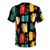 Red, teal, yellow, cream, and orange brushstroke shapes cover this seamless pattern tee, with thick black outlines and varied textures.