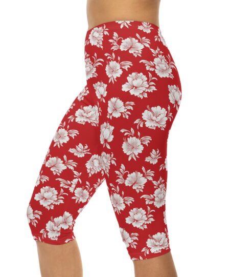 Red Floral Capri Leggings — White Rose All-Over Print