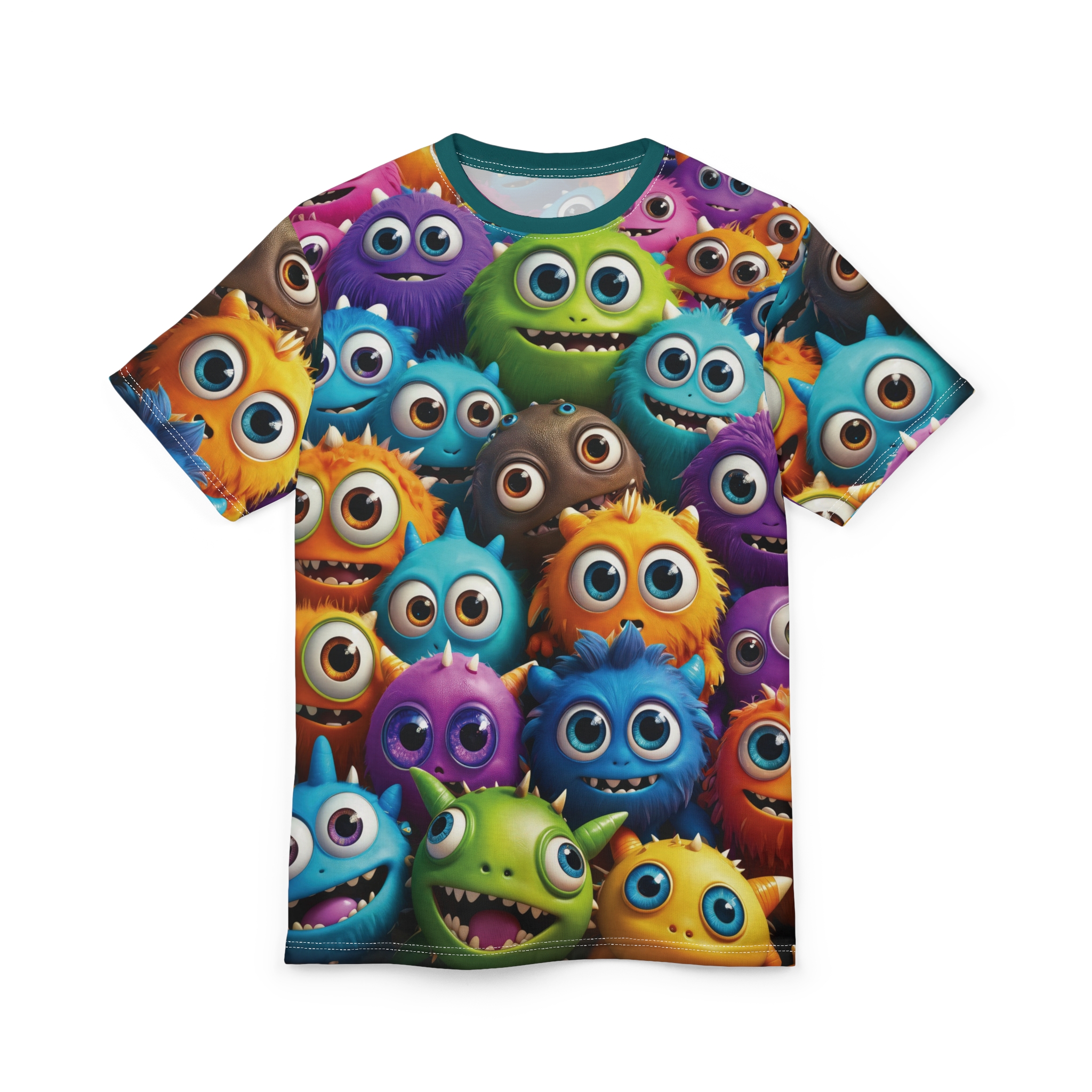 Premium Colorful Monster Print Unisex Tee for Fun Celebrations, Quirky Graphic Shirt, Novelty Gift for Kids & Adults, Playful Summer Wear – soft all-over print unisex tee